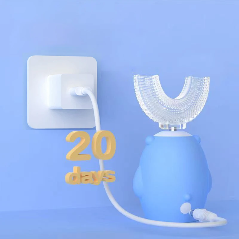 360 °   Cepillo de dientes eléctrico sónico para niños, cepillo de dientes de silicona automático en forma de U, temporizador inteligente, luz azul