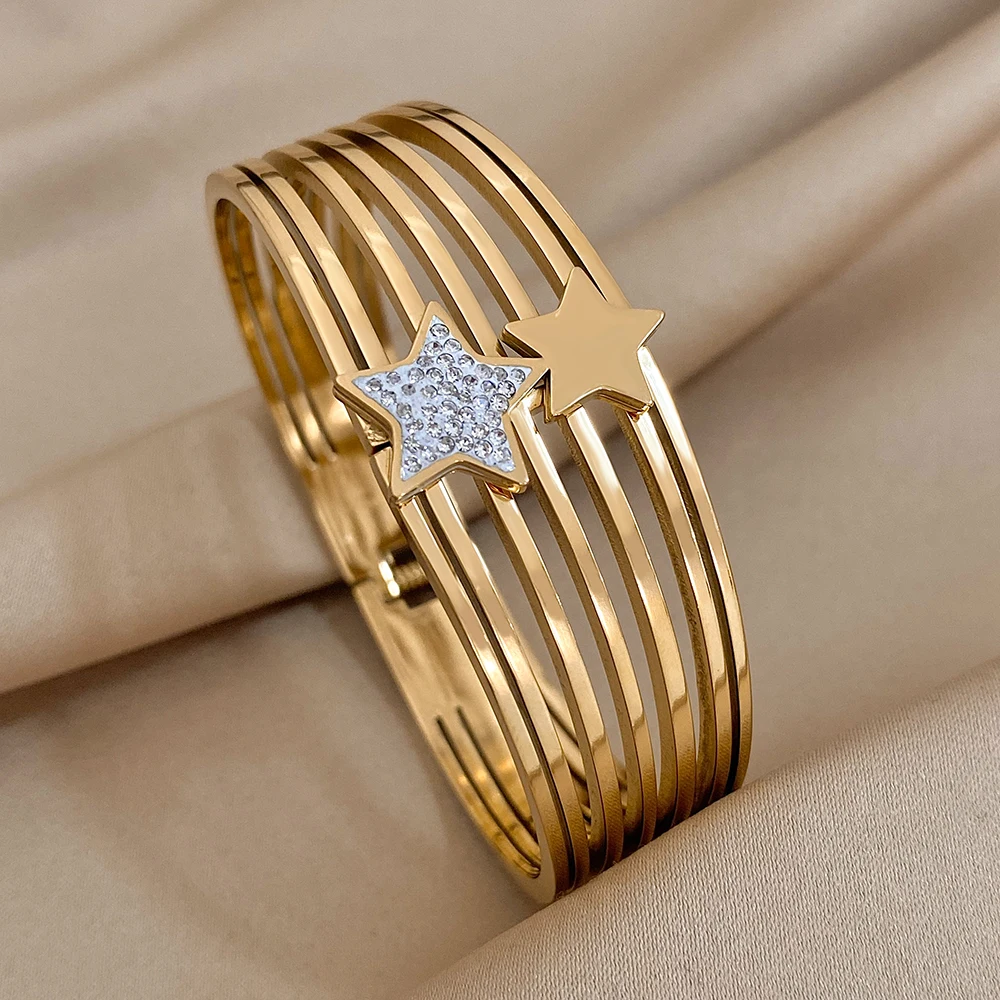 

Freetry Classic Sparkling Star Stainless Steel Bracelet for Women Multi Layer Waterproof Wide Bracelet Exquisite Jewelry Gift