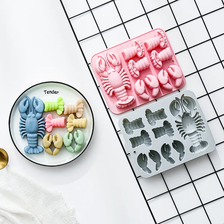 9-hole Lobster Theme Silicone Mold Lobster Pliers, Shrimp Tail Fondant Candy Chocolate Mould Epoxy Reisn Mold Baking Accessories