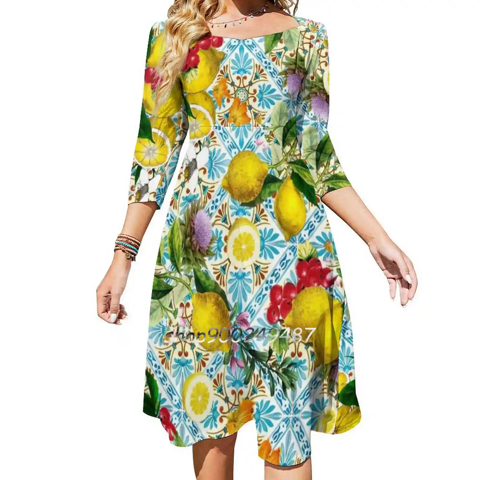 Sicilian Lemons And Romantic Tiles Cottagecore Aesthetic Square Neck Dress New Plus Size Elegant Women Waist Tight Dress