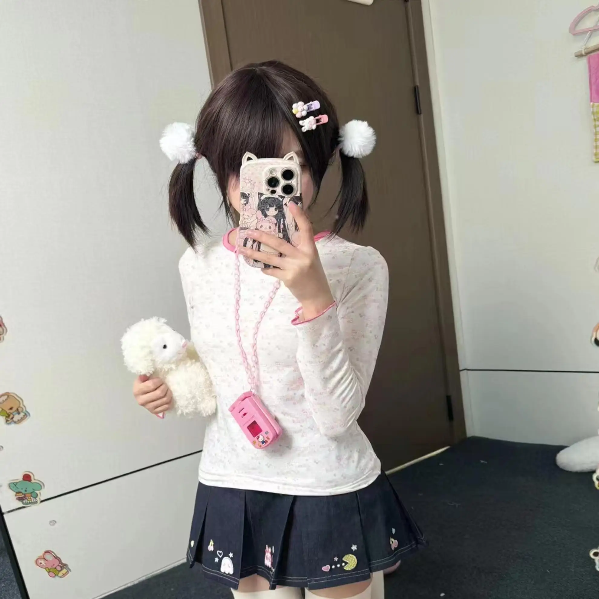 الأصلي اليابانية لينة الفتيات Kawaii تي شيرت ربيع الخريف جديد المرأة سليم صالح الجولة الرقبة الكرتون طباعة Y2K ملابس ابنة #5