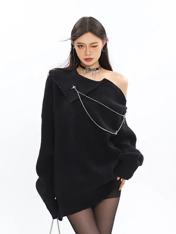 One-Shoulder Knitted Sweater Women Autumn Winter New Chain Design Zipper Pure Lust Style Mid-Length Long-Sleeved Pullover Top