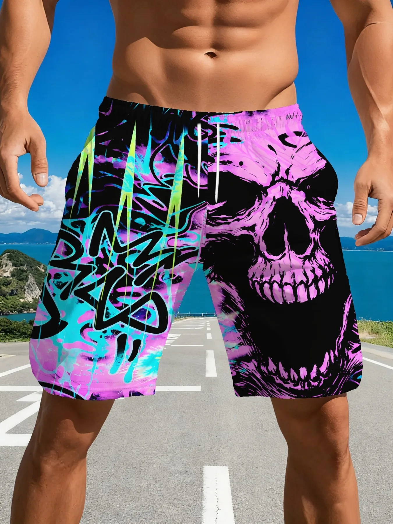 3D Skeleton Graffiti Heat Transfer Mesh Shorts Loose Sports Speed Drying Breathable Summer Casual Street Style Beach Shorts