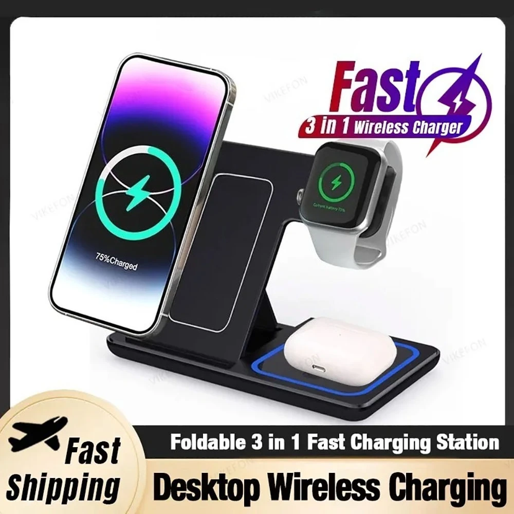30W 3 in 1 Fast Wireless Charger Stand Foldable Charging Sta