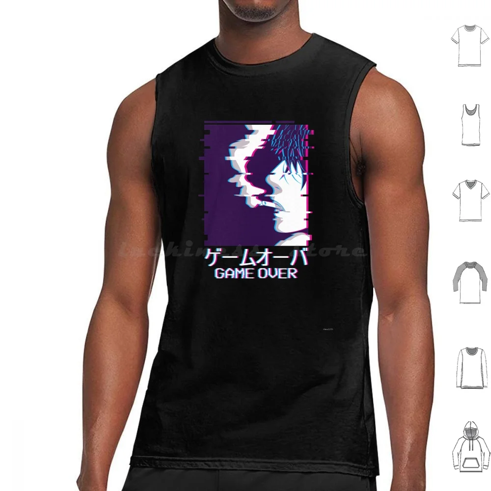 Game Over Smoking Anime Boy Japanese Vaporwave Tank Tops Print Cotton Game Over Gamer Anime Boy Kanji Smoking Vaporwave