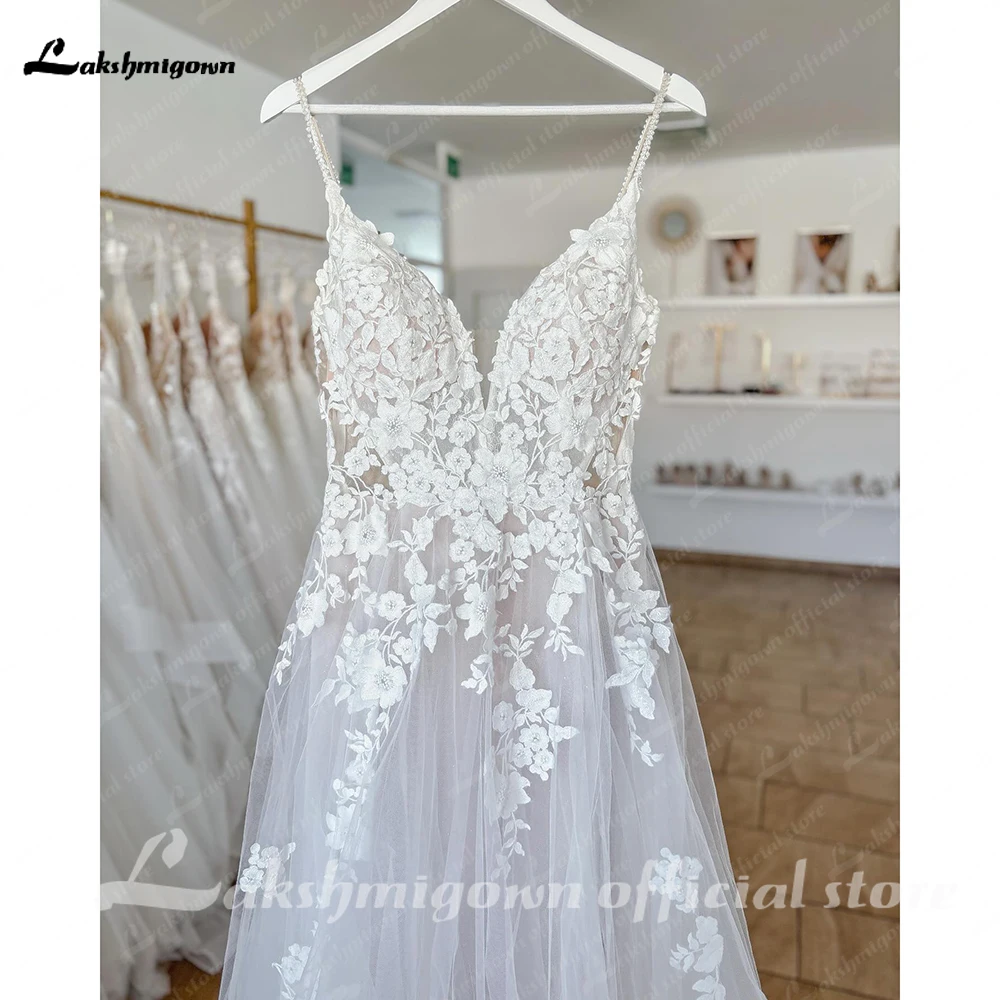 Yanshmigown-Robe de mariée en dentelle à bretelles spaghetti pour femmes, col en V fluide, dos nu, robe de mariée Boho, mariée sexy, quelle que soit la robe de mariée, 2024