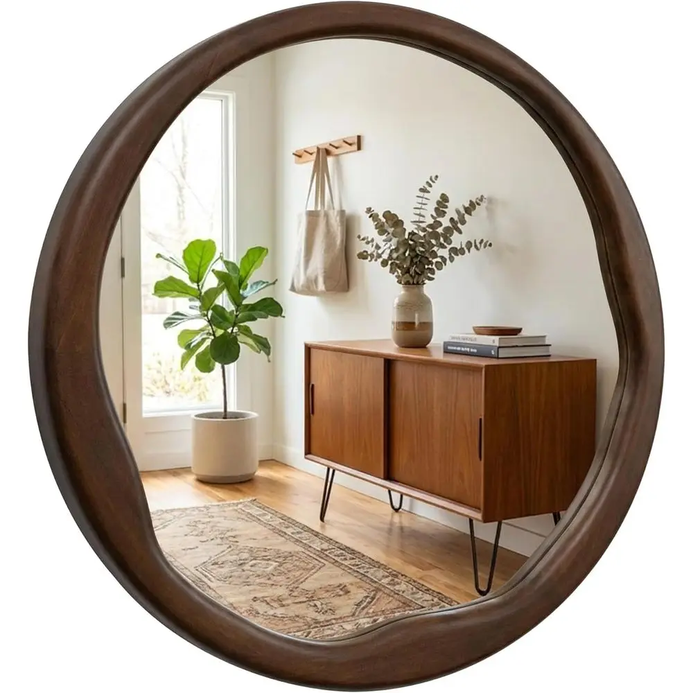 

Round k Wood Mirror 24 Inch, Irregular Wavy Inner e Wall Mirror or Powder Room, Gt Bath, Solid Wood Asymmetrical ern Decor
