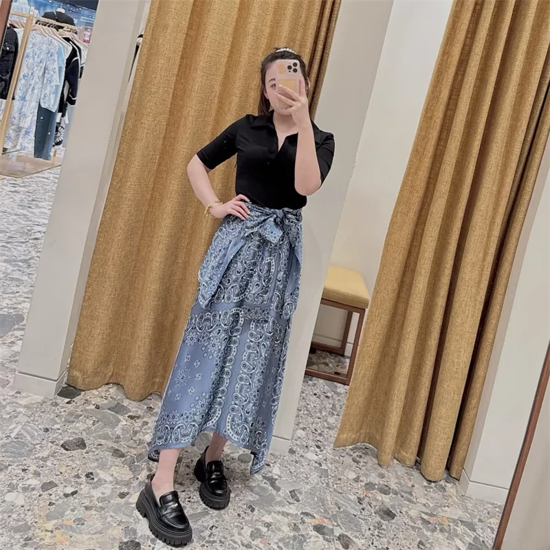 Klassieke Sle Retro Print Hoge Taille A-lijn Dr Fake Tweedelige Lente Zomer Katoenmix Gebreid ort Sve Midi Dr