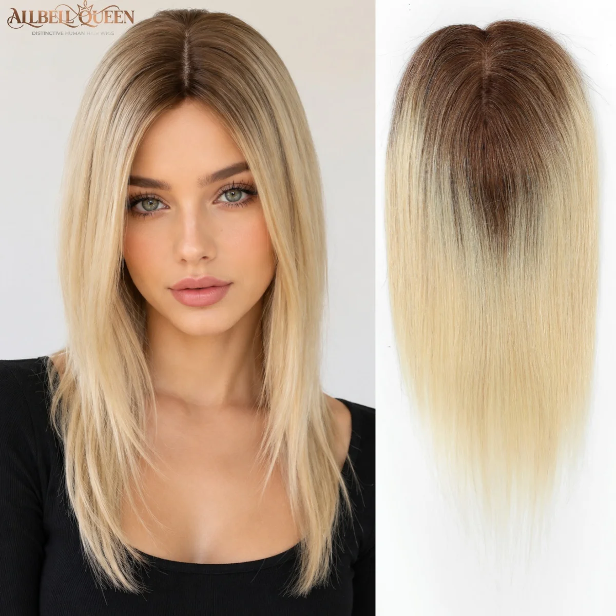 女性用100％人毛ヘアピース-ブラウンからライトブロンドのオンブレカラー-12インチ-ストレート-ミドルパート-シルクベース-クリップ式ヘアピース
