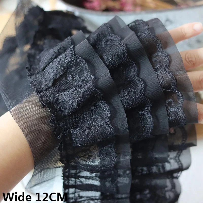 12CM di larghezza bianco nero tre strati 3D pieghettato tessuto Chiffon di maglia ricamato volant Trim vestito fai da te abbigliamento collare