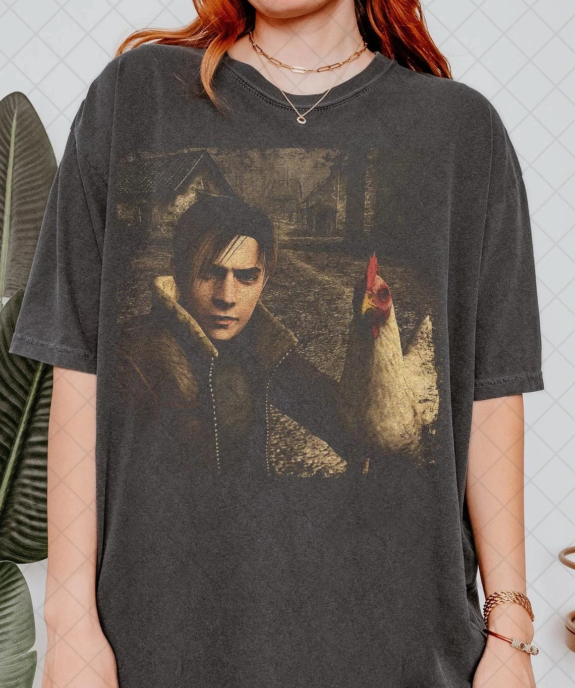 Vintage Resident Evil 4 Leon and Chicken Retro Gaming Graphic T-Shirt Tee Short Sleeve T-shirts for Unisex All-Season