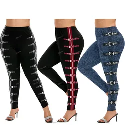 ROSEGAL 5XL Women's Plus Size Leggings Gothic 3D Zipper Buckles Printed Pencil Pants Oversized High Waist Skinny Trousers Mujer