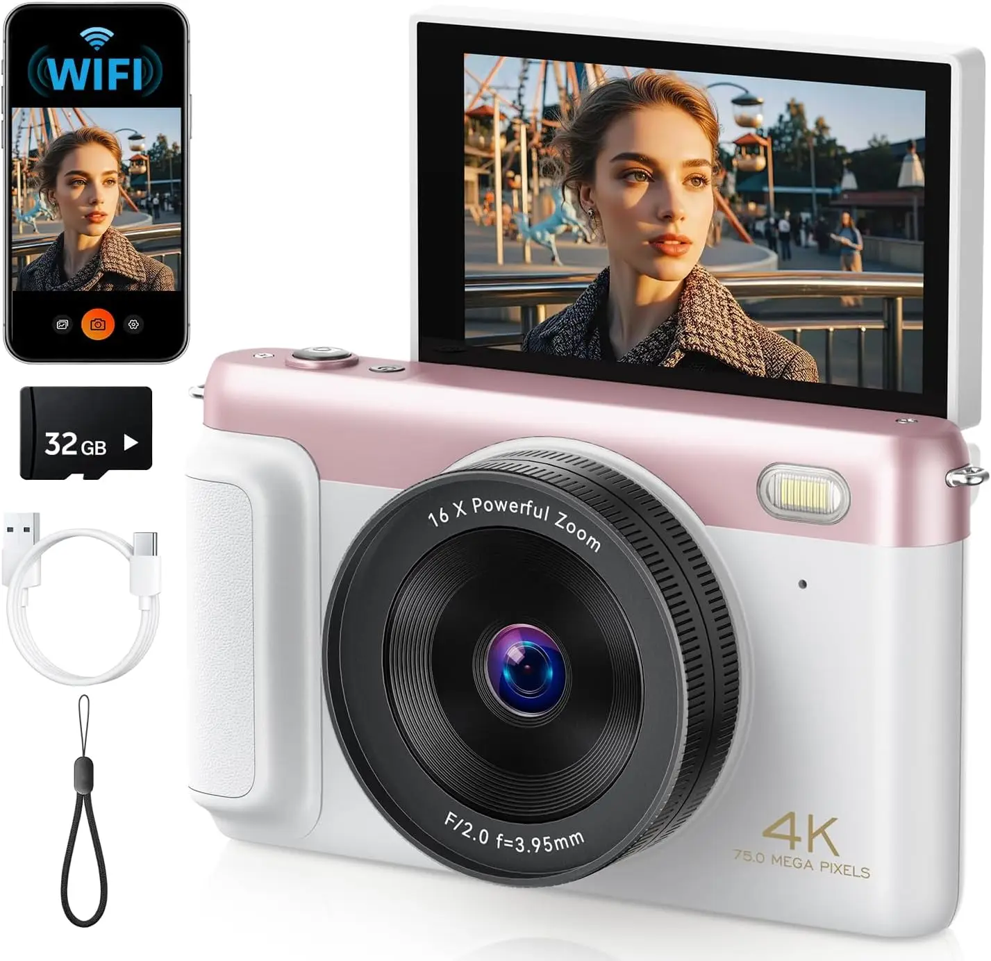 

4K WiFi-камера для видеоблогинга с разрешением 75 МП, 3-дюймовым поворотным экраном, функцией стабилизации изображения и автофокусом для начинающих и детей, розового цвета