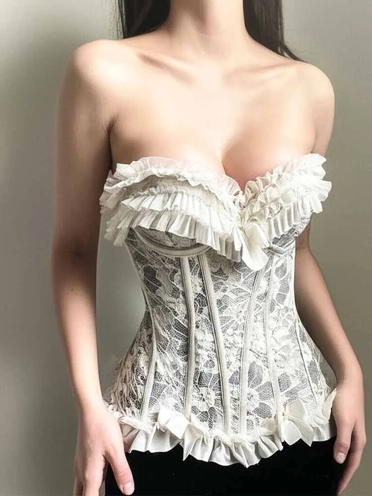 

MCDV Vintage Elegant Lace Corset Tube Tops Women Ruffle See Through French Style Sexy Slim Strapless Tank Tops 2025 Summer New