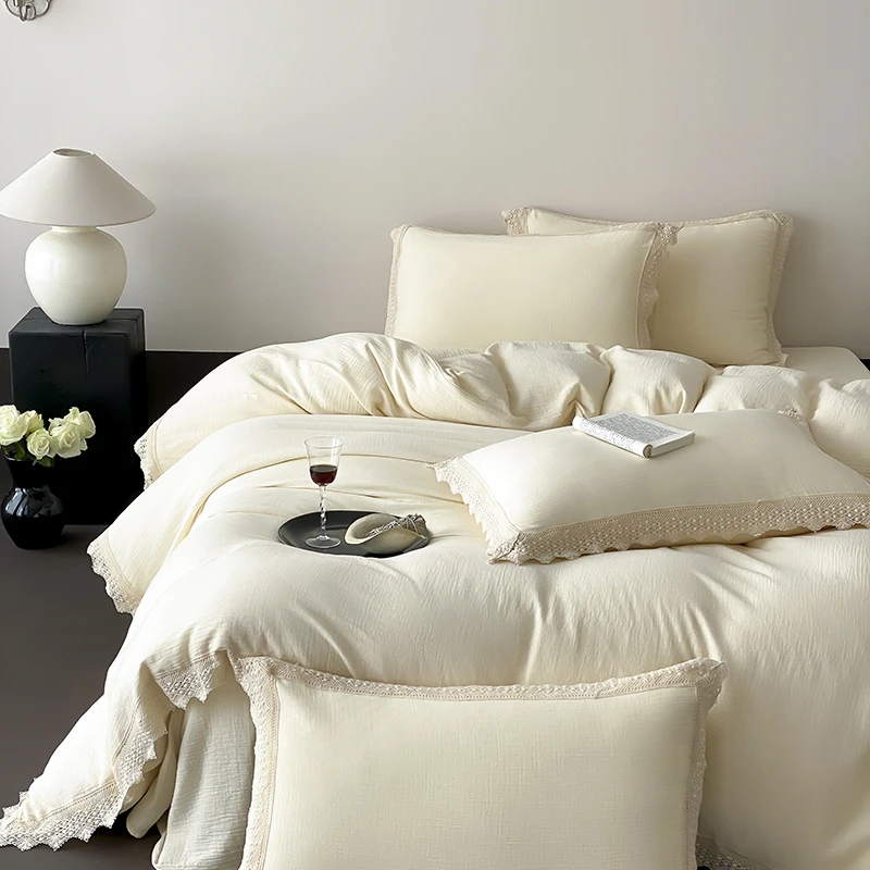 

Vintage Hollow Lace Edge Princess Bedding Set 100% Cotton Double Yarn Soft Duvet Cover Flat/Fitted Bed Sheet Pillowcases 4Pcs