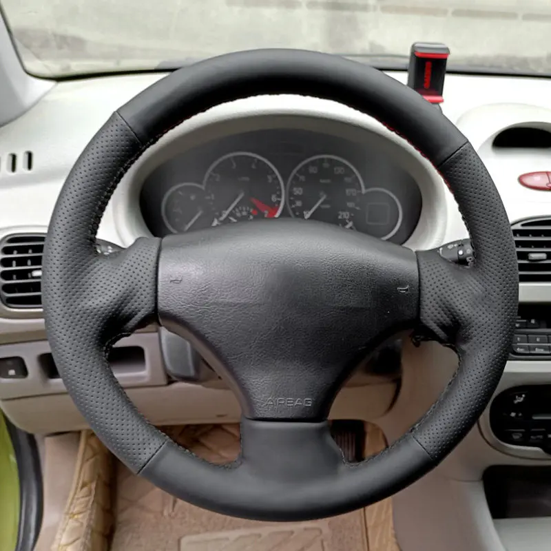 Car Inner Steering Wheel Cover Trim For Peugeot 206 1998-2005 206 SW 2003-2005 DIY Hand Sewing Black Perforated Leather Cover