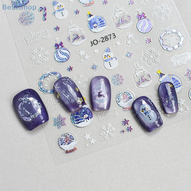 1 シート 3D カラフルなスノーフレークネイルアートステッカー自己粘着スパークルクリスマスツリースノーフレークデカール冬マニキュアスライダー
