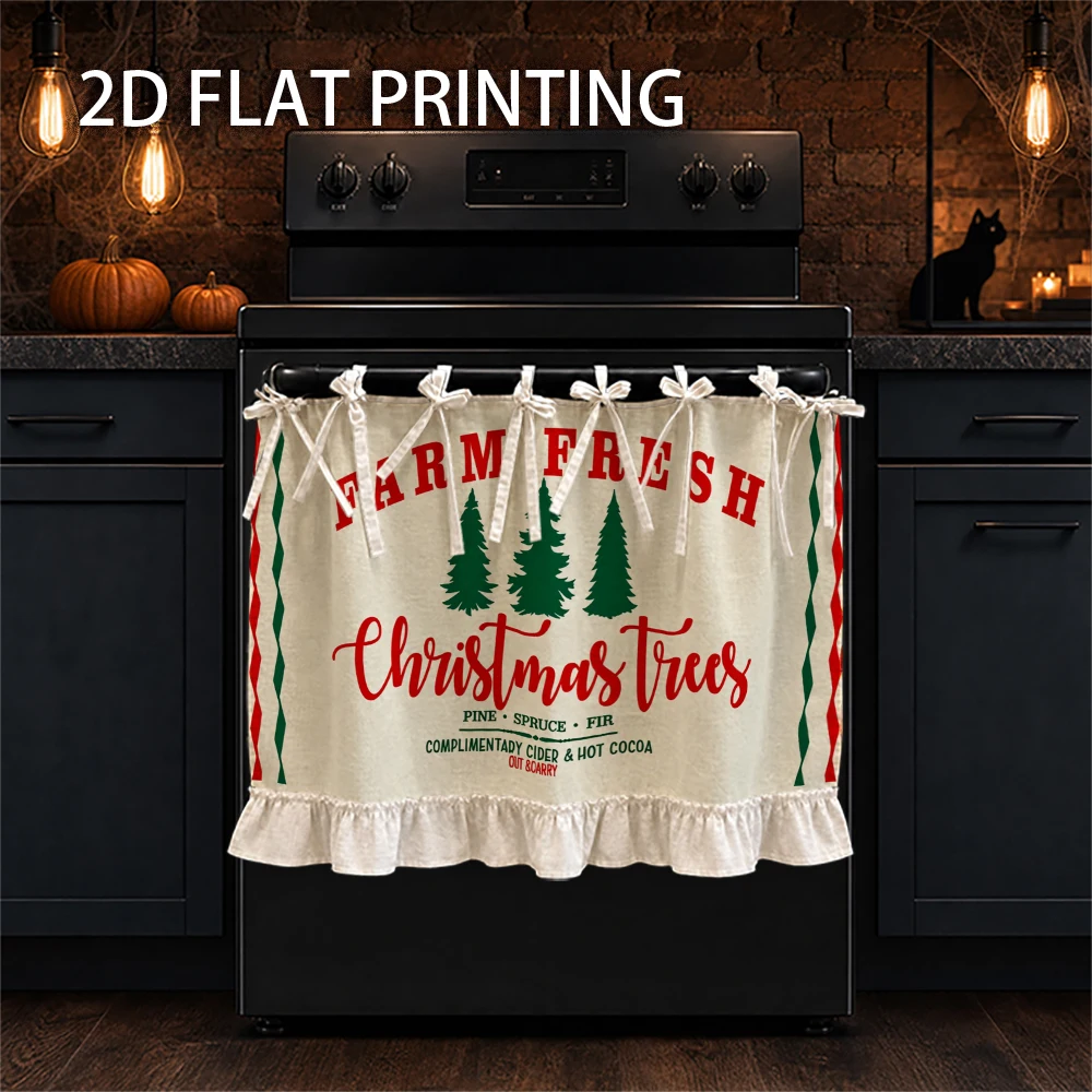 1PC Christmas Kitchen Curtain-Cabinet Curtain-Apron. Features a festive print of evergreen trees and festive text. Can be used a