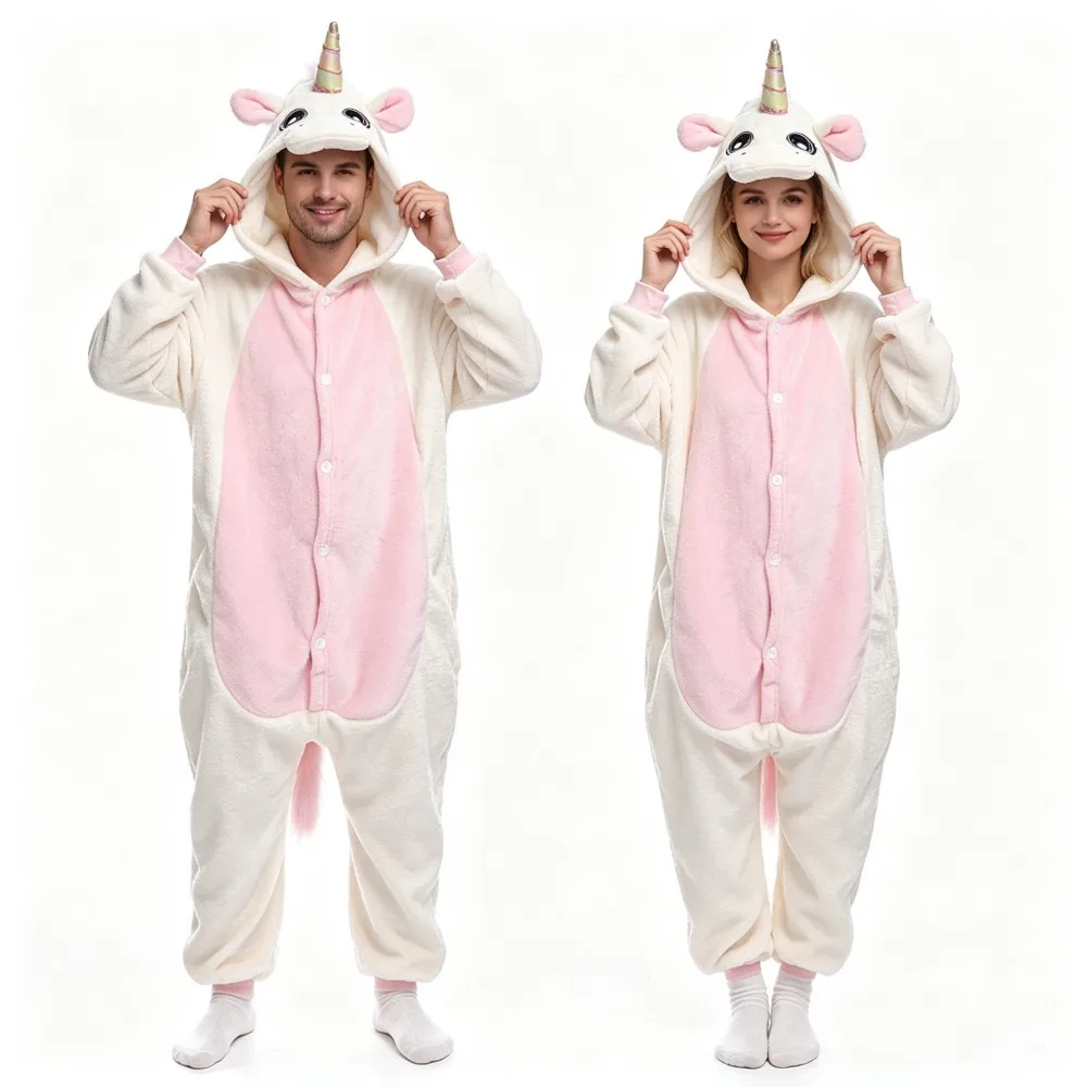 Adult Halloween Onesie Pajamas Soft Flannel Hooded Jumpsuit Skeleton Pumpkin Unicorn Deer Clown Cosplay Costume Home Sleepwear