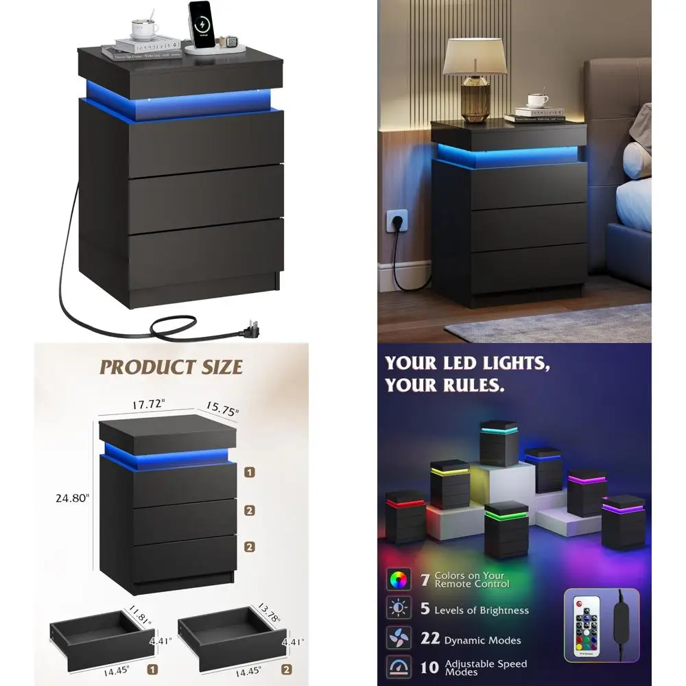 

Современная зарядная станция, тумбочка со светодиодной подсветкой, прикроватная тумбочка с 3 ящиками, скрытый торцевой столик для хранения