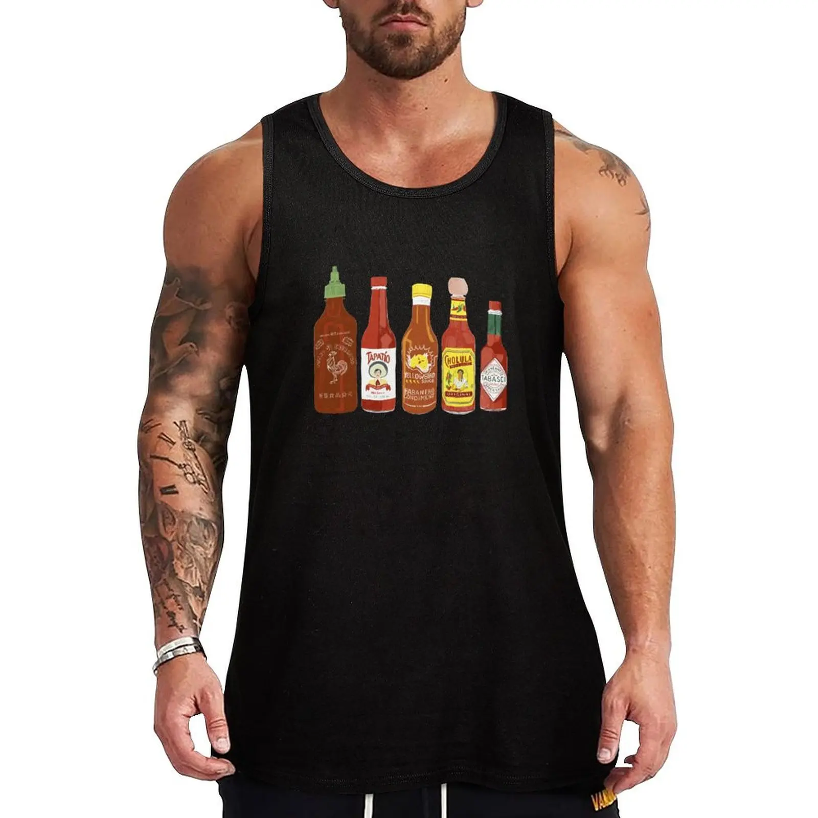 

Spicy! Check out these hot sauces on tomato red background Tank Top gym clothes man man vest summer clothes