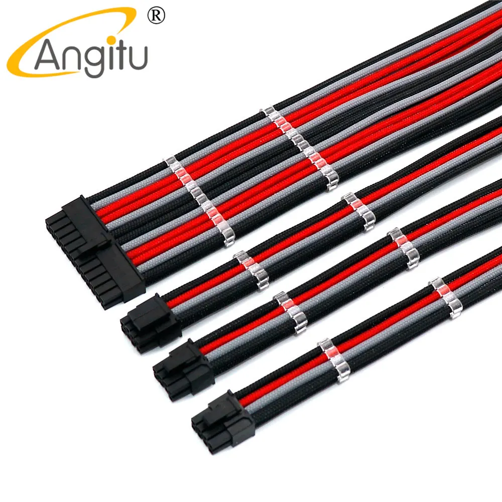 3Color Mixed Premium PC Sleeved Cable Kit, 24Pin MB, 4+4/8Pin CPU, PCIE 6+2P, 6Pin GPU Computer PSU Extension Cable Kits