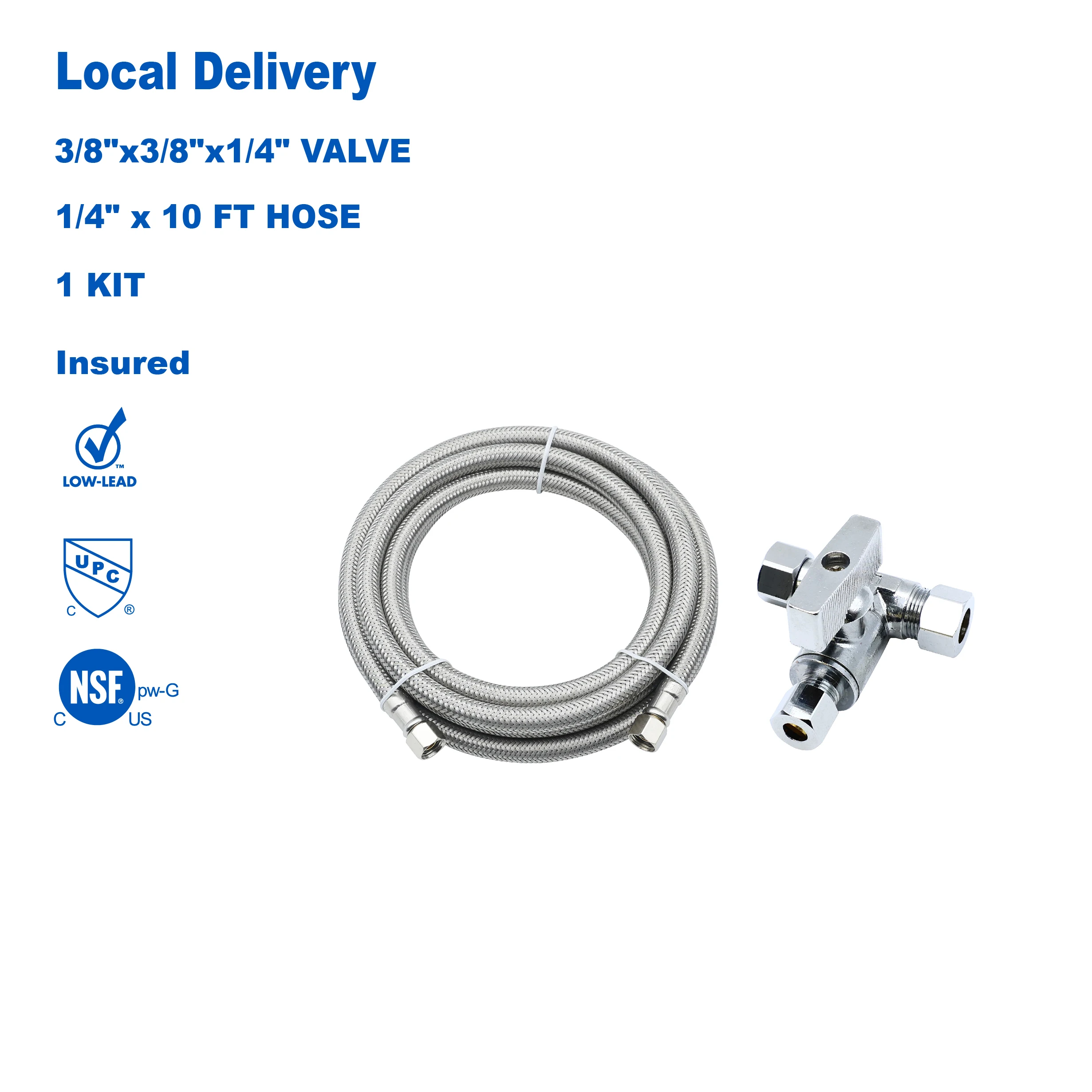 KING SMART Ice Maker Water Line Kit with Brass Angle Stop Add-A-Tee Valve, 3/8