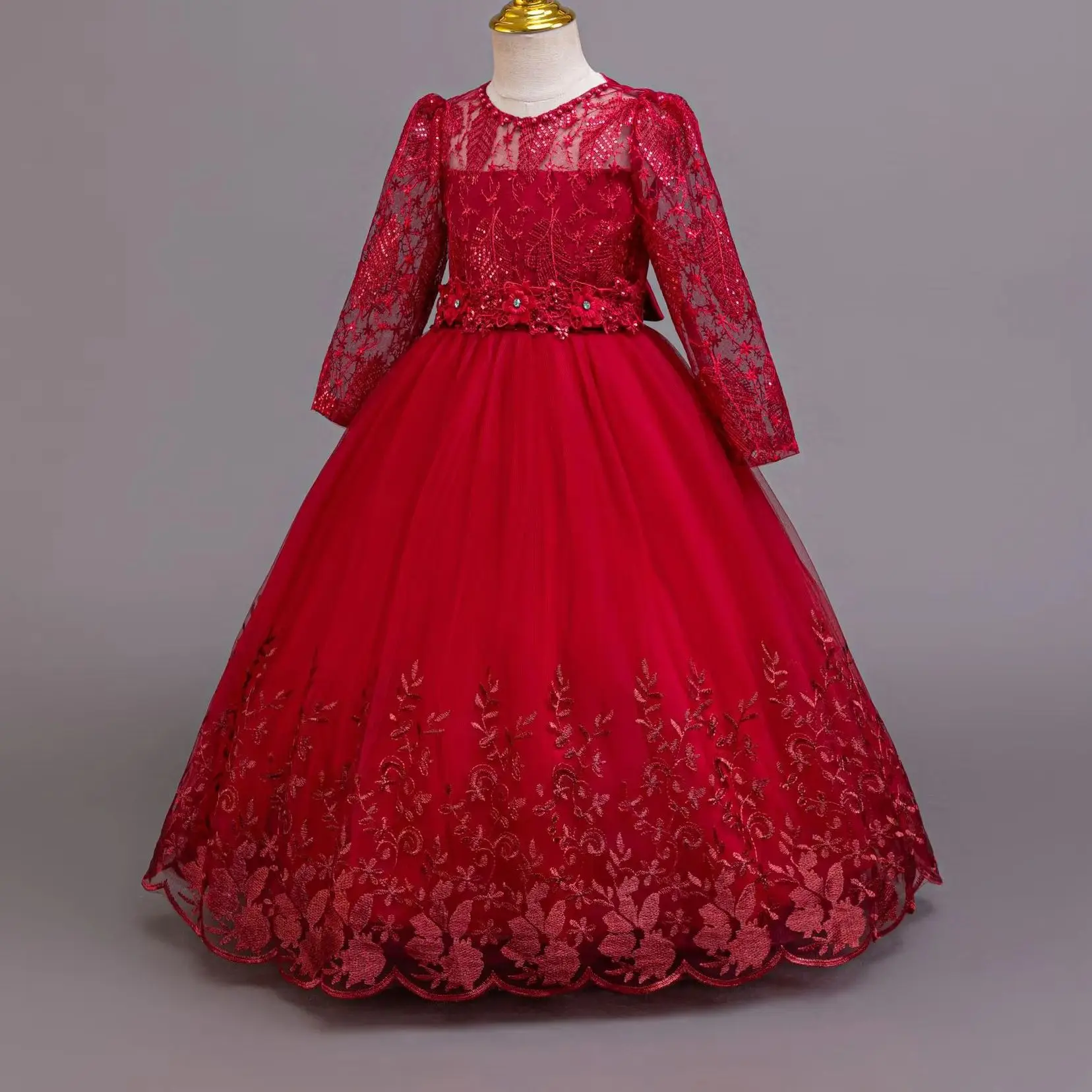 Elegant Long Sleeve Embroidered Wedding Dress for Girls Festival Formal Party Dress Ceremonial Gown for Ages 4-12
