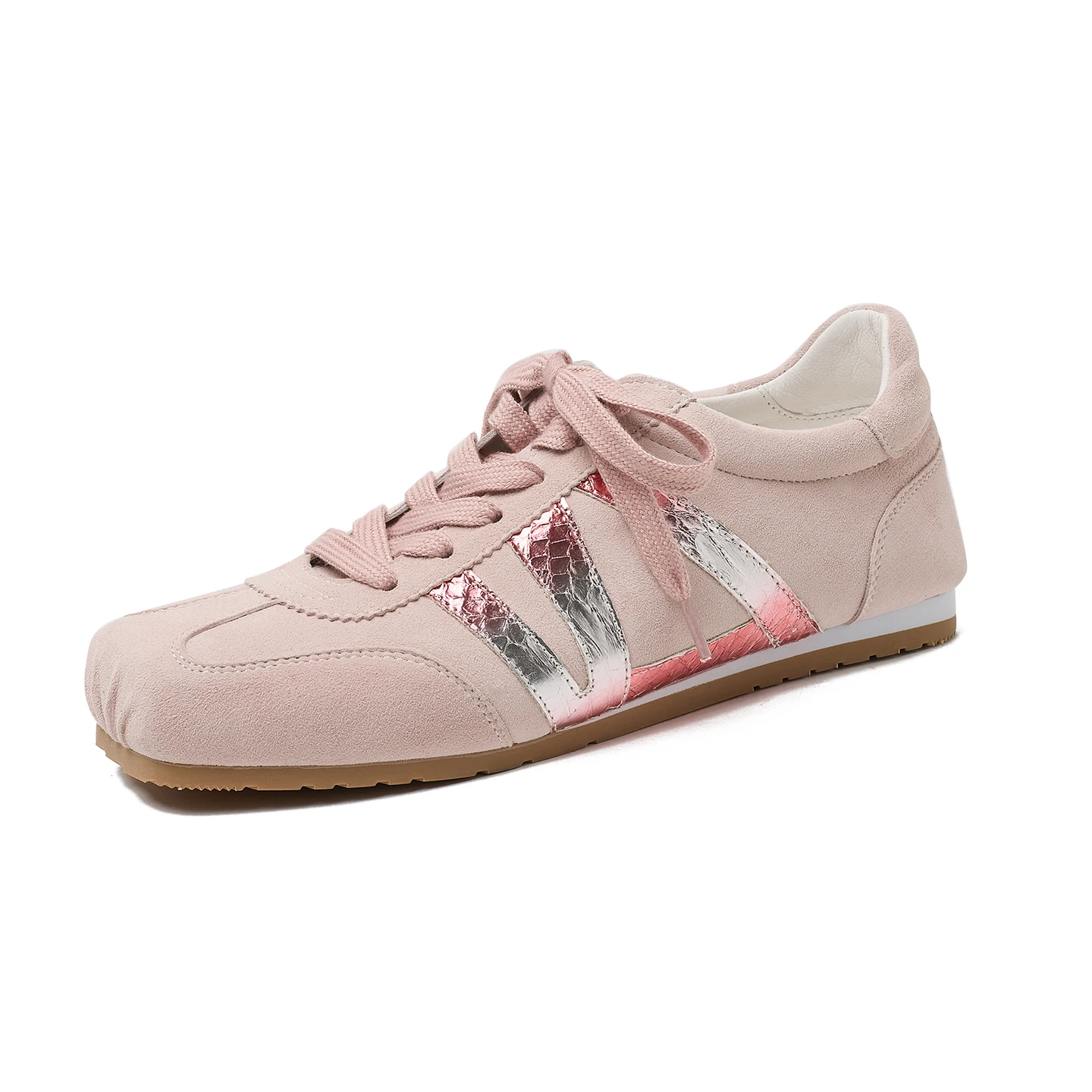 

Genuine Leather Sheepskin+ Snakeskin Women Sneakers, Lace-up Training Shoes, Fashion Flats Pink Womens Shoes,Ladies Sports Shoes
