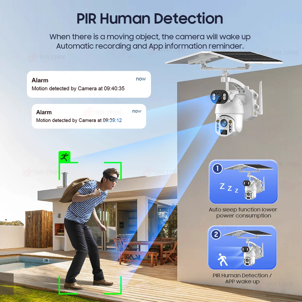 4K 50X Optical Zoom Dual เลนส์กลางแจ้งพลังงานแสงอาทิตย์กล้อง 8MP 4G ซิมการ์ด PTZ การเฝ้าระวัง WIFI Security Humanoid ติดตามกล้องวงจรปิด IP Cams