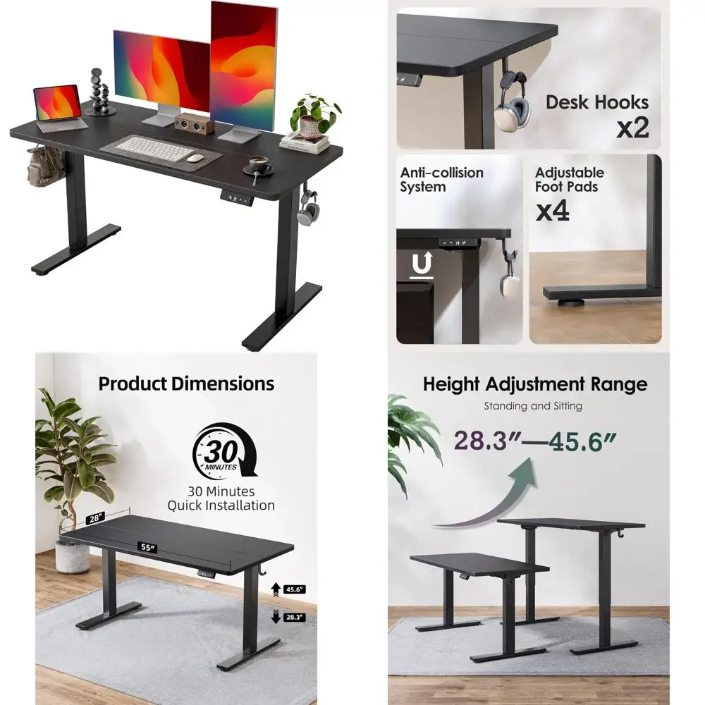 

Electric Height-Adjustable Standing Desk, 55 x 28 Spliced Desk Top for Home Office, Black