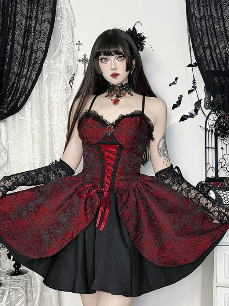 IMU Dark Gothic Lolita Dress Women Halloween Vintage High Waist Lace Patchwork Red Rose Jacquard Dresses Cosplay Partywear