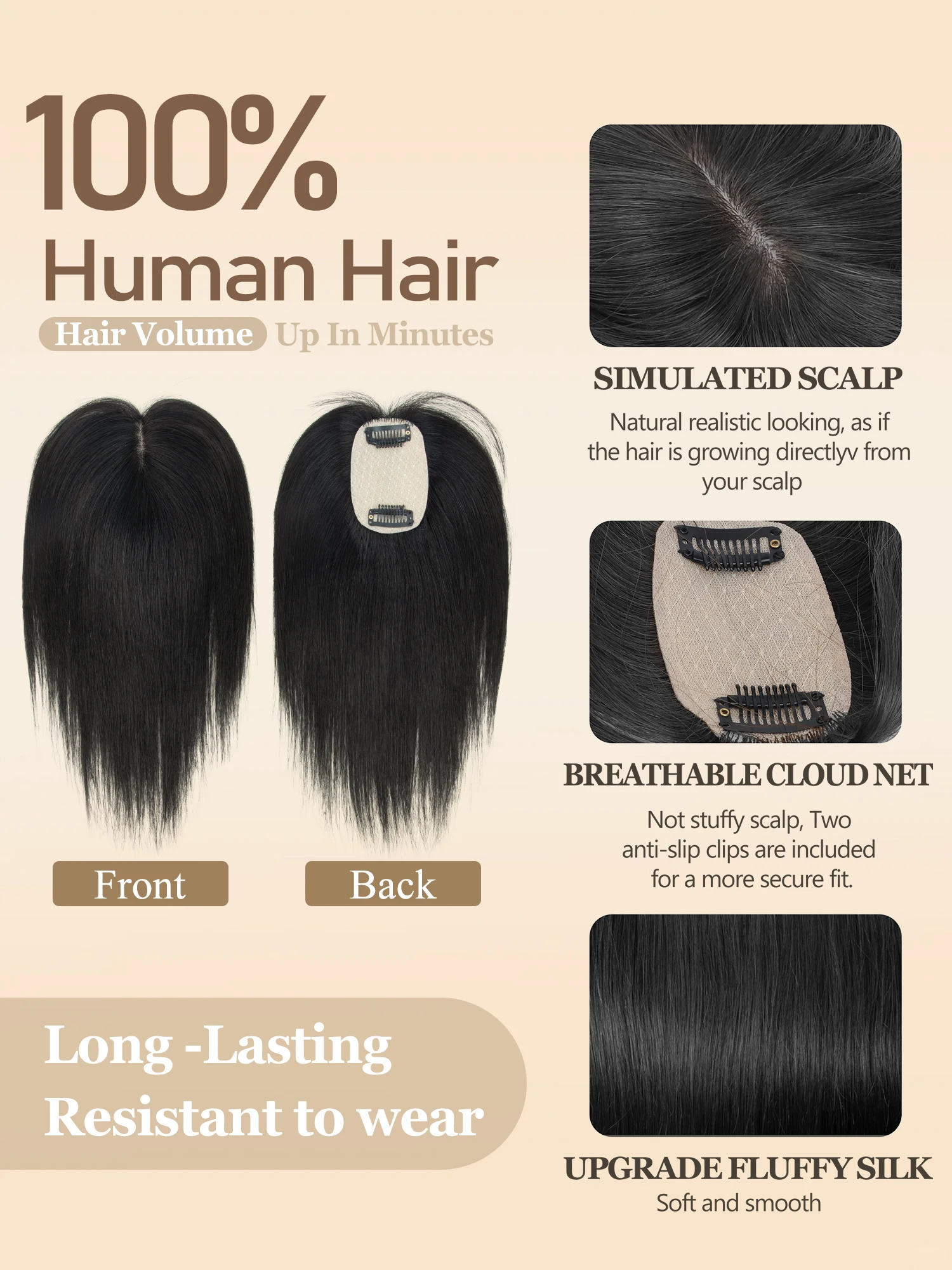 5x9cm Invisible Breathable Lace Human Hair Toppers One Piece 2 Clips Soft Natural Realistic High-Quality Women Daily Use