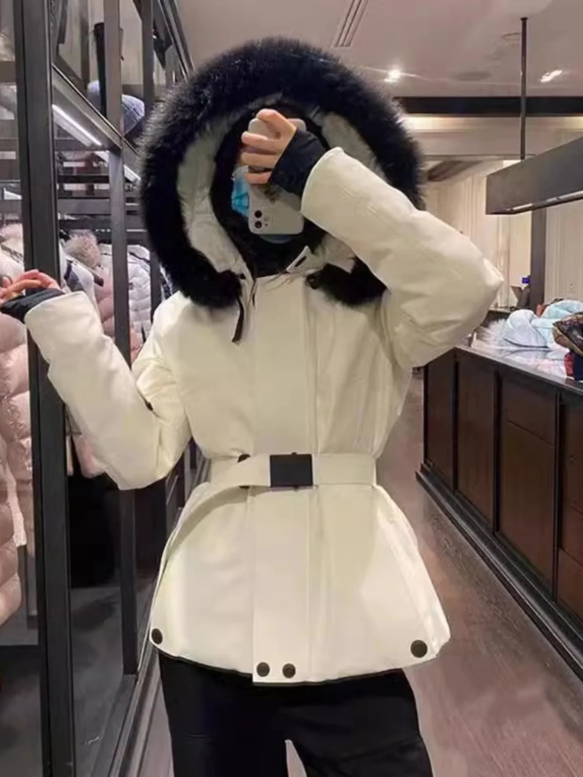 

Winter New Women's down Jacket Fur Collar Slim Fit Hooded Skiing Coat Trendy Korean Style Zipper Closure Long Sleeve Poly...