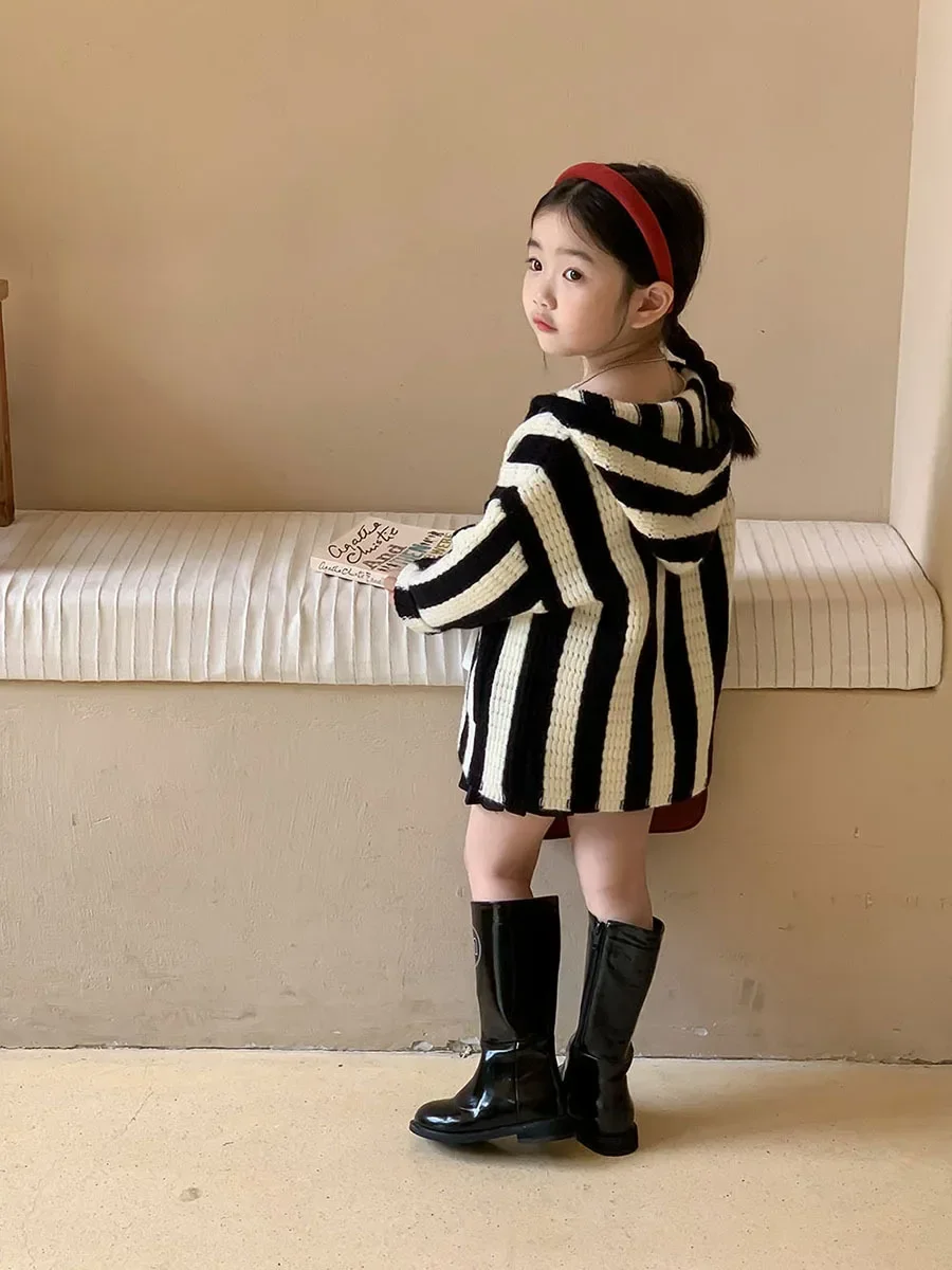 Hooded Sweater Girls Coat Lovely 2023 Spring Autumn New Korean Version Striped Casual All-match Hooded Kids Tops for Girls