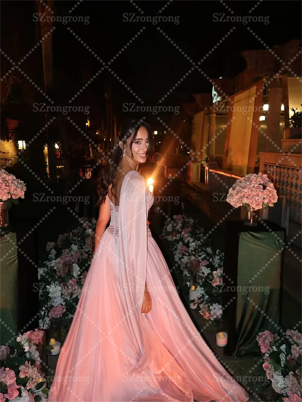 Custom Made Elegant Pink Strapless Tiered Pleated Saudi Evening Gown Beading A-line Floor Length Prom Party Dress with Cape