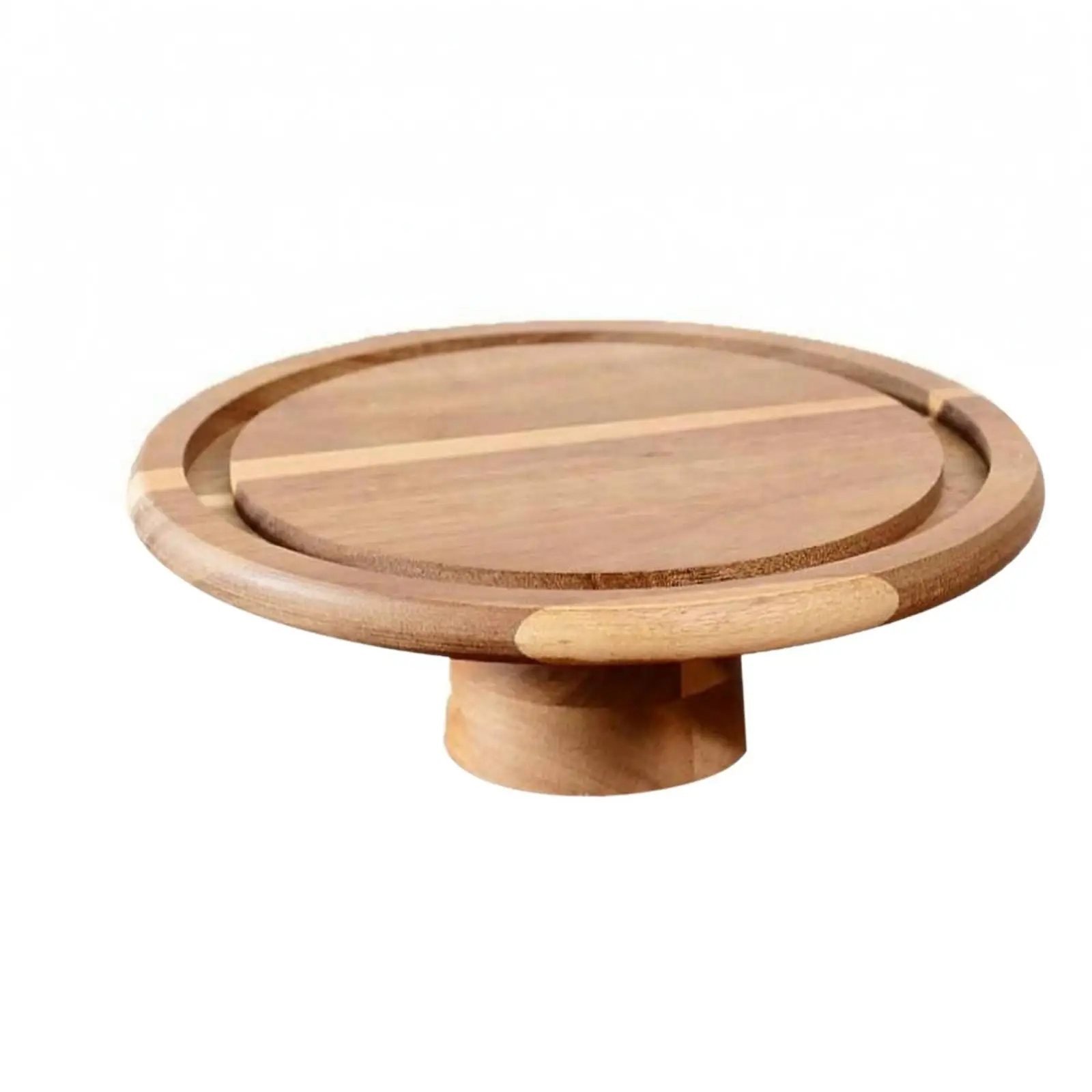 Round wooden cake stand with raised wooden base, serving tray,