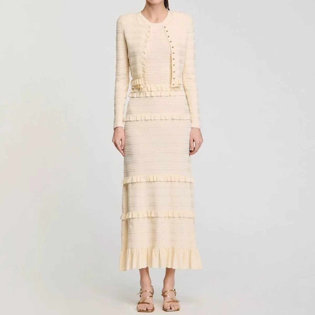 

High Quality New Sweater Fashion Classic Ruffle Edge Knitted Elastic Long Sleeved Cardigan Sleeveless Skirt Slim Fit Women's Set