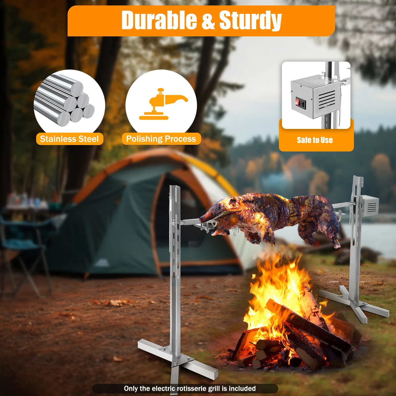Electric Rotisserie Grill 25W Stainless Steel 0.82inch Thick Rod 360 Degree Motorized Rotation Heavy Duty BBQ Spit 88lbs Load Adjustable Height Outdoor Camping Party Grill for Large Family Meat Roasting