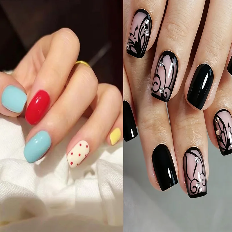 

24pcs Cute Polka Dot Fake Nails Art Reusable Short Square False Nail Colorful Full Cover Nail Tips Finished Press on Nails Sets