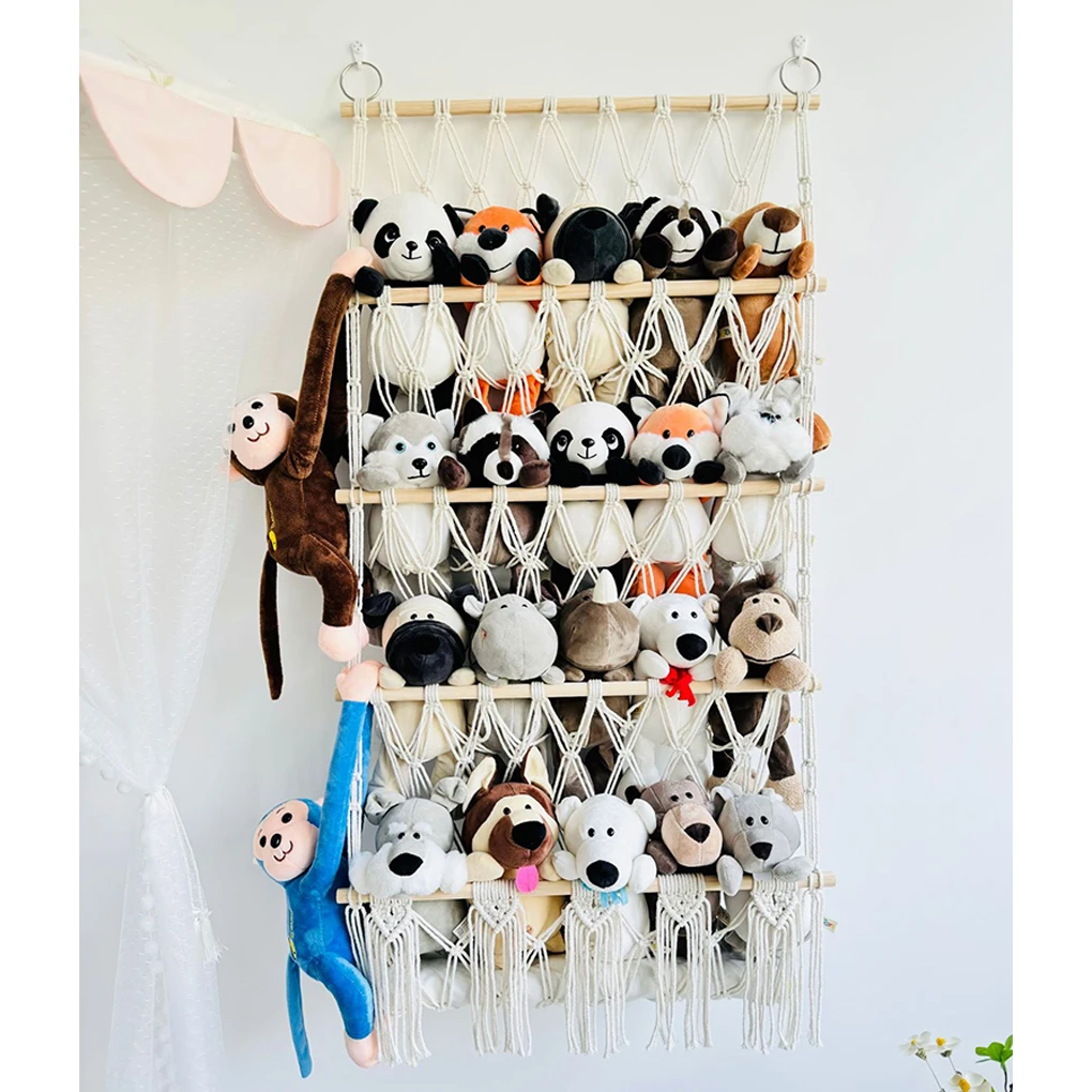 Stuffed Animal Storage Woven Net Bohemian Toy Shelf For Stuffed Animals 4 Tier Hammock Wall Stuffed Animal Toy Hanging Organizer