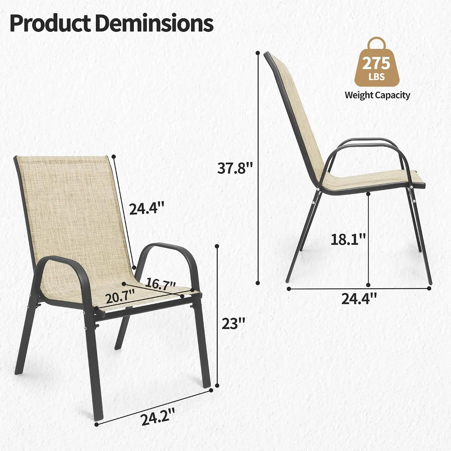 Outdoor Stackable Dining Chairs Set of 8 All Weather Textilene Curved Armrests 330Lbs Lawn Garden, Customized
