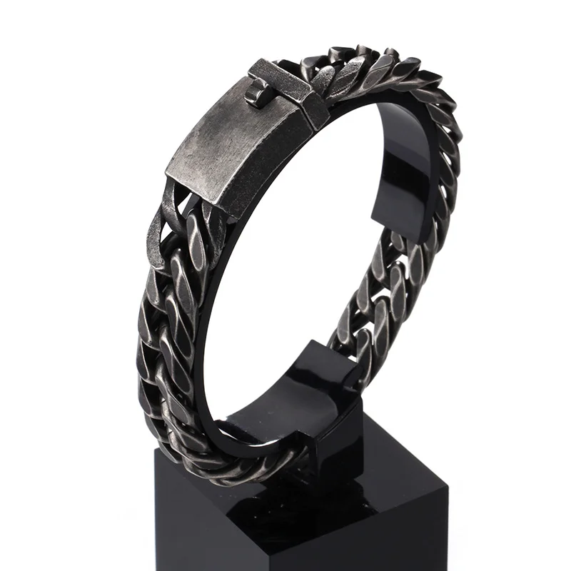 Fongten Retro Black Bracelet For Men Cuban Chain Stainless Steel Heavy Wide Curb Bracelets Bangle Male Jewelry Christmas Gift