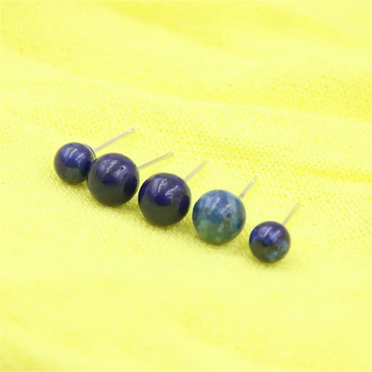 ZFSILVER  For Women Natural  Vintage Femme Stone Gift Prevent  Allergy Lapis Lazuli Sterling Silver 925 Beads Ball Stud Earrings