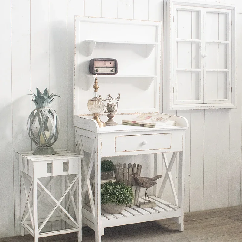 Rural retro old solid wood flower table, balcony rack, garden console