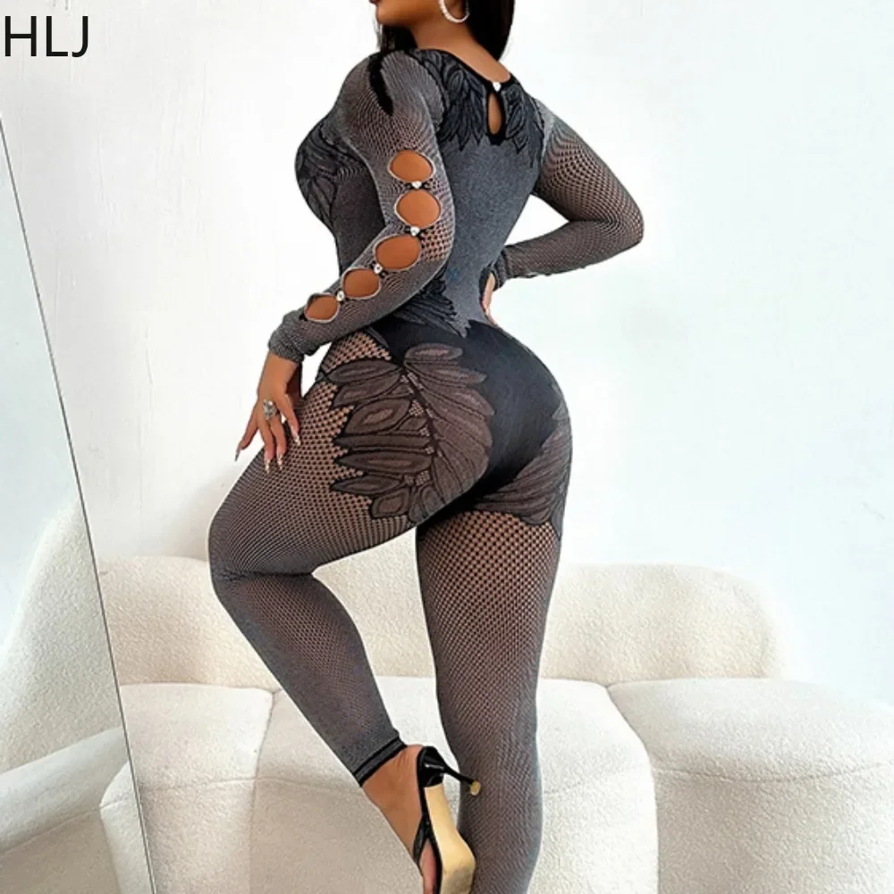 HLJ Thick Knitting Sexy Bodycon One Pieces Jumpsuits Women Hollow Long Sleeve Slim High Stretchy Playsuits Fashion Club Overalls