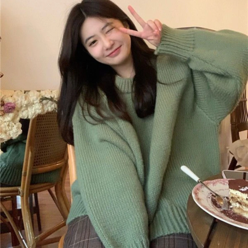 O-neck Green Pullovers Women Baggy Sweaters Solid Simply All-match Korean Fashion Clothes Students Teens Knitwear Свитер Женский