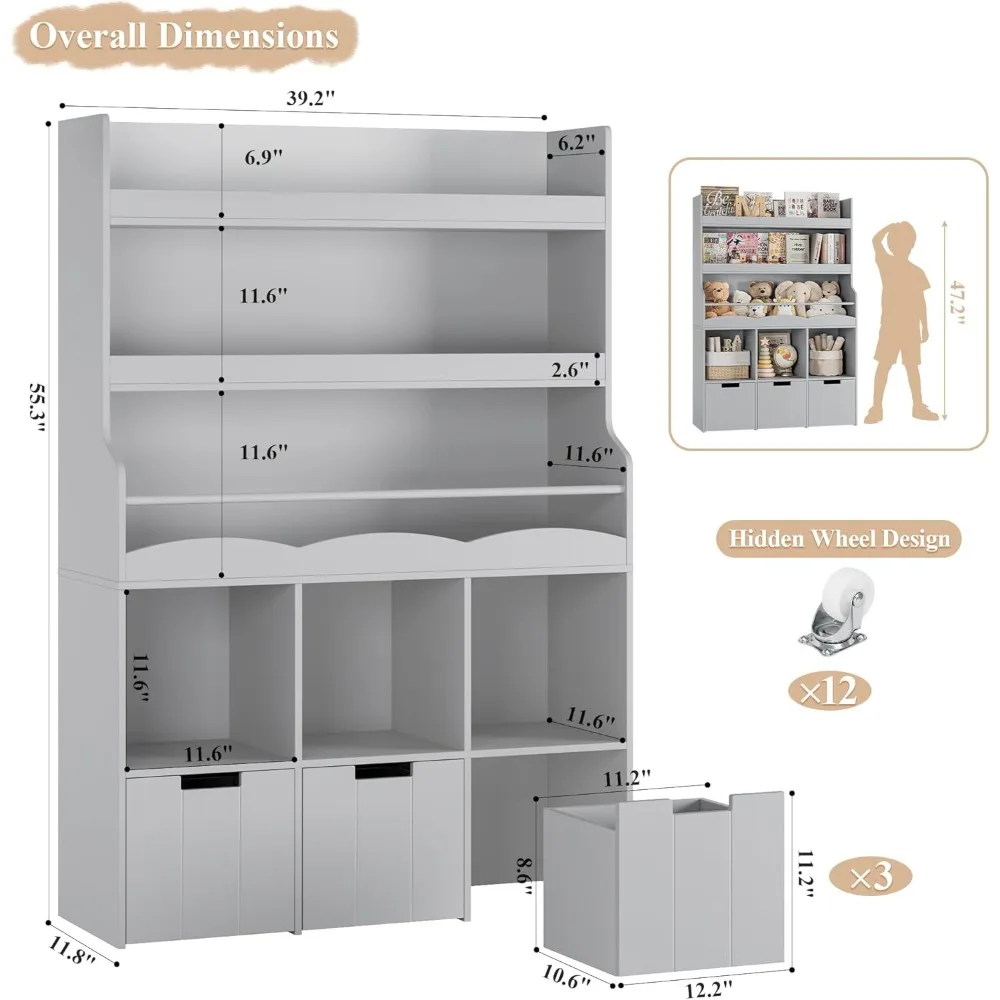 Libreria per bambini da 55,3 pollici con organizer per riporre i giocattoli, libreria alta con 3 contenitori mobili per giocattoli, libreria per bambini di grandi dimensioni con a
