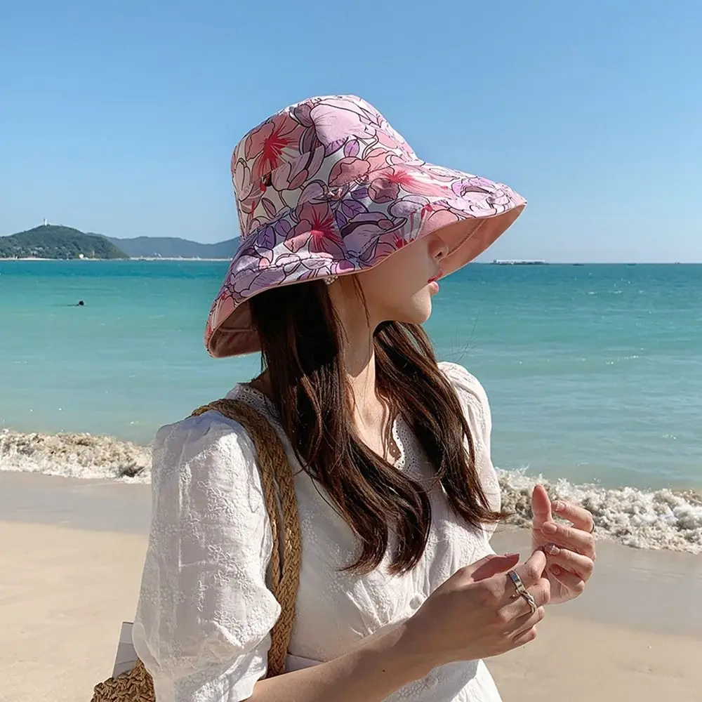 Double-Sided Women Fisherman Hat Flower Print Solid Color Summer Sun Hat Breathable Wide Brim Sunscreen Visor Cap Travel