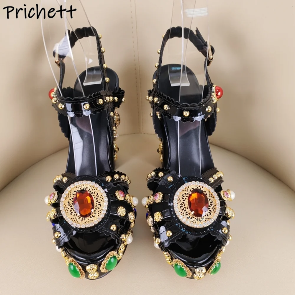 Gold Rhinestone Pearl Sandals Pearl Crystal Flower Platform Chunky Heels Peep Toe Sandals Women's Summer Sewing Luxury Shoes